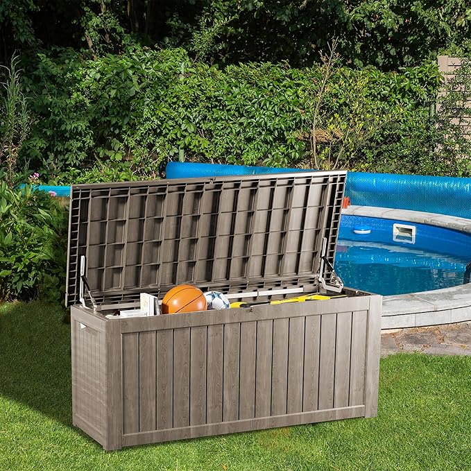 200 Gallon Lockable Resin Deck Box, Waterproof & UV-Resistant Outdoor Storage Box for Outdoor Cushion Storage, Garden Tools & Pool Accessories Storage, Gray-VerdiqueGarden