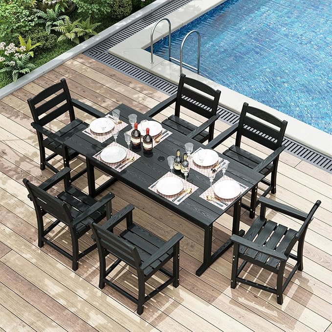 7pcs Outdoor Dining Set, HDPE Patio Dining Set for 6, All-Weather Outdoor Table and Chairs with Umbrella Hole & Adjustable Pads, Modern Patio Furniture Set for Backyard, Poolside &Lawn (Black)-VerdiqueGarden