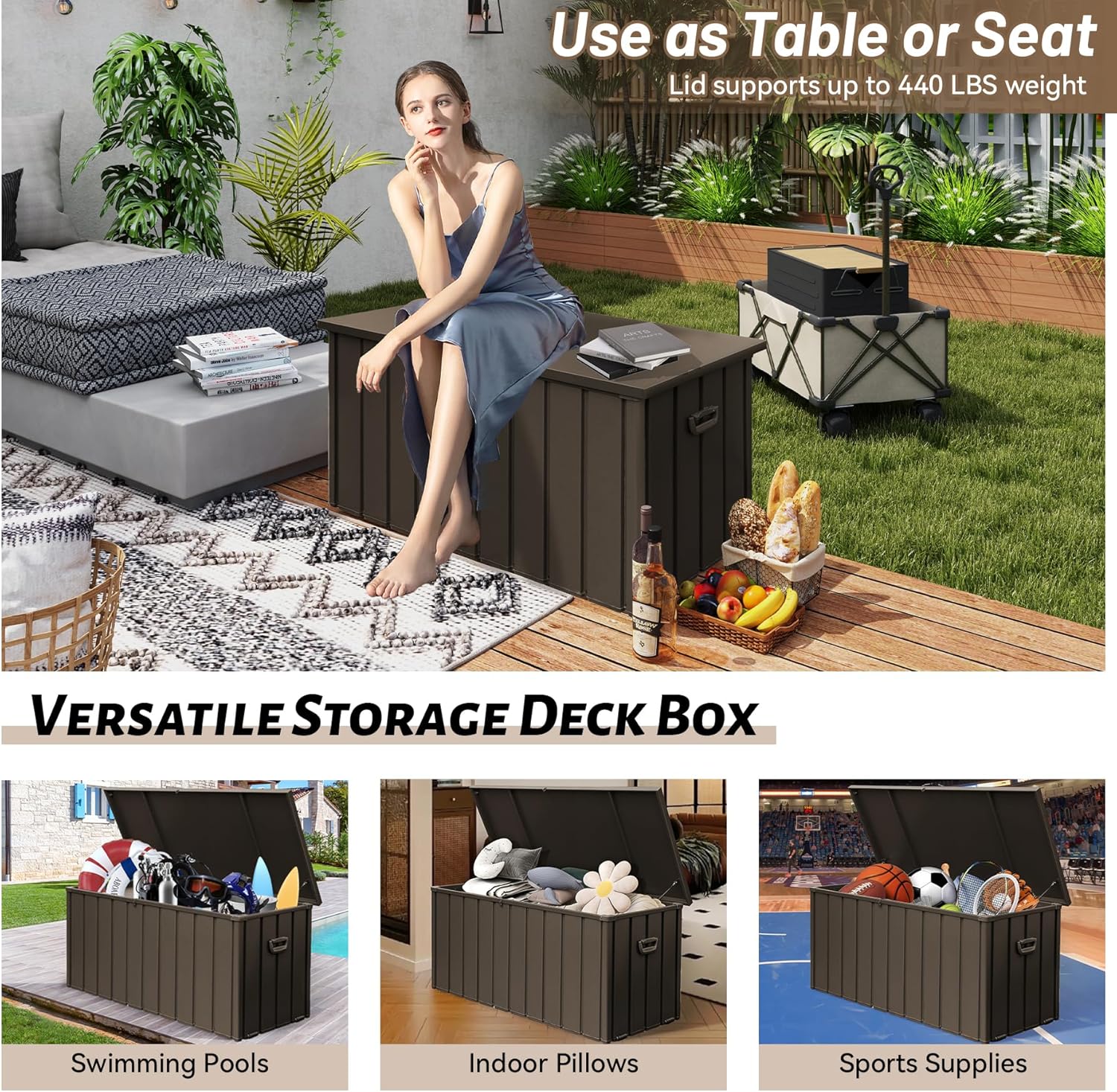 190 Gallon Metal Deck Box, Waterproof Steel Outdoor Box, Large Patio Furniture Storage Cabinet, Lockable Storage Bench for Porch Package Delivery, Pillows, Cushions, Pool, Tools, Backyard, Brown-VerdiqueGarden