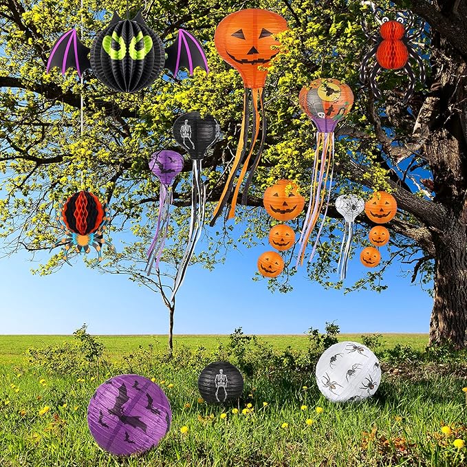 48 Pieces Halloween Decorations Paper Lanterns Pumpkin Skeleton Paper Lanterns 3D Bat Wall Stickers Spider Wall Hanging for Halloween Party Garden Bedroom Cobwebs Indoor Outdoor, 12 Inch and 8 Inch-VerdiqueGarden