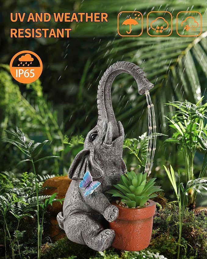 iStatue Solar Elephant Figurine with Succulent Plant Pot - 11'' Hand-Painted Lifelike Resin Lawn Ornaments Statue for Yard Art Garden Decor Gifts (Elephant)-VerdiqueGarden