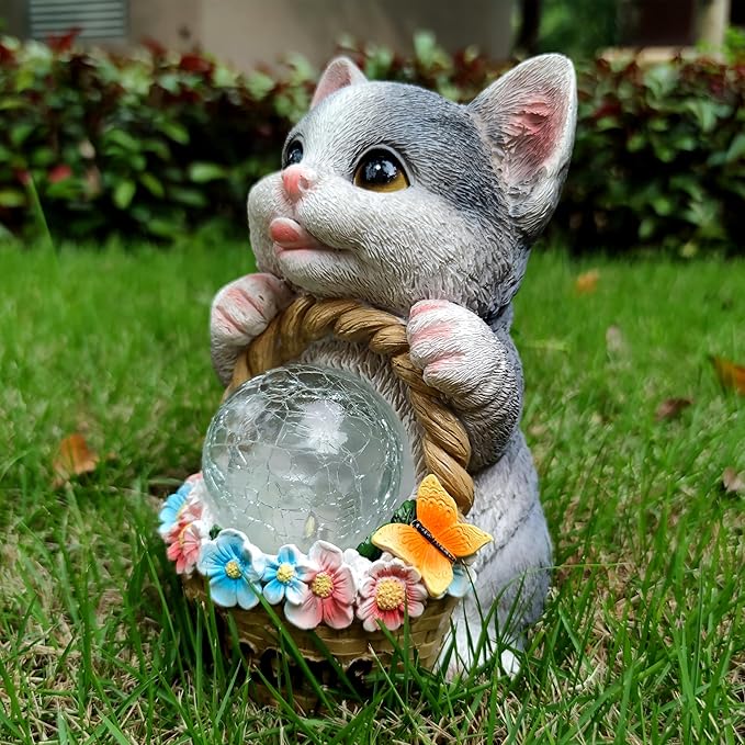 Solar Cat Garden Outdoor Statues,Resin Cat Figurine Carrying Flower Basket and Magic Orb with Solar LED Lights, Lawn Decor Outdoor Statue for Patio, Balcony, Yard Ornament,Gifts for Mom-VerdiqueGarden