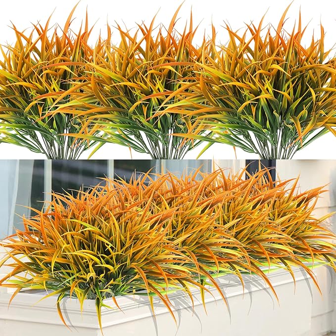 Ouddy Decor 16 Bundles Artificial Fall Plants Outdoor Fake Grass Stems UV Resistant Faux Plastic Plants Shrubs for Autumn Home Garden Pathway Farmhouse Front Porch Harvest Thanksgiving Decor, Orange-VerdiqueGarden