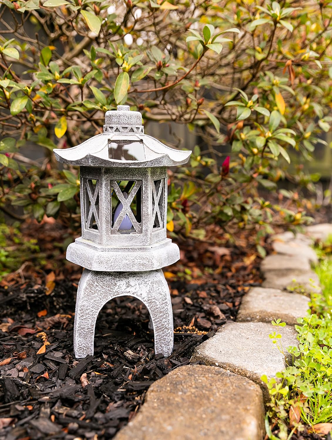 VP Home Solar-Powered Pagoda Garden Statues - Japanese Zen Lantern Outdoor Decor with Flickering LED Light - Durable Polyresin for Yard, Patio, or Garden - 12 x 7 x 6 Inches (Zen Garden Pagoda)-VerdiqueGarden