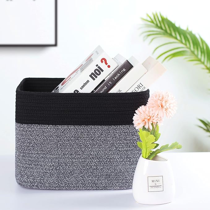 MINTWOOD Design Storage Basket for Shelves, Decorative Baskets for Organizing, Book Basket, Storage Cube Bin Box, Woven Closet Organizer, Pantry Closet and Shoe Basket, Black Grey Mix-VerdiqueGarden