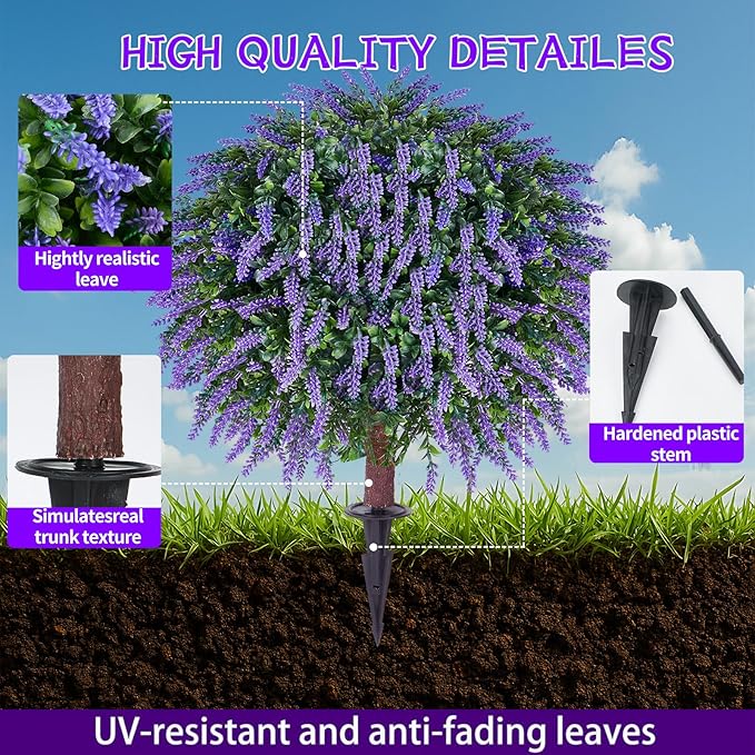 Artificial Lavender Topiany Ball Trees Set of 2,17” Resistant Fake Evergreen Shrubs with Ground SpilRealistic Outdoor Indoor Plants for Garden Porch Maintenance-Free Potted-VerdiqueGarden