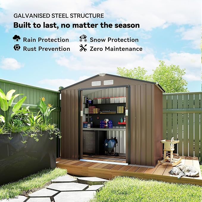 Outsunny 7' x 4' Outdoor Storage Shed, Garden Tool Metal Shed with Foundation Kit, Double Lockable Door, Air Vents and Sloping Roof, for Backyard, Patio, Lawn, Brown-VerdiqueGarden