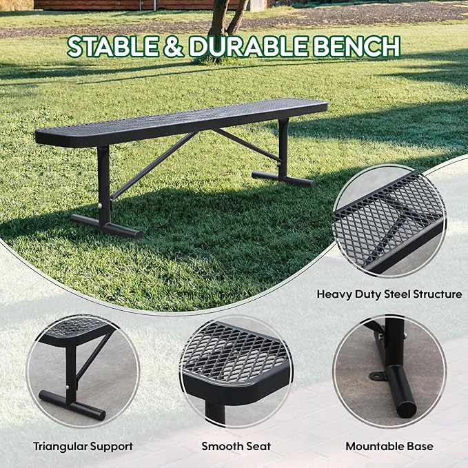 72" L Steel Flat Bench Garden Bench, Black Outdoor Park Bench Weather-Resistant Steel Metal, Patio Seating for Front Porch Backyard Park Outside, Metal Benches for Outside to dodrill to Ground-VerdiqueGarden