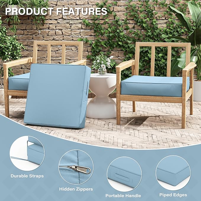 Patio Chair Cushions 24 X 24 X 5 Inch Waterproof Outdoor Seat Cushions for Patio Furniture, Outdoor Sofa Couch Pads with Ties & Handle, Set of 2, Light Blue-VerdiqueGarden
