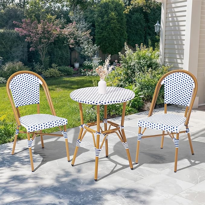 3 Piece French Wicker Bistro Set, Patio Bistro Set with Table and 2 Dining Chairs, All Weather ‎Outdoor ‎Bistro Set with Aluminum Frame, Outdoor Patio Set for Patio Porch Cafes Yard, Navy and White-VerdiqueGarden