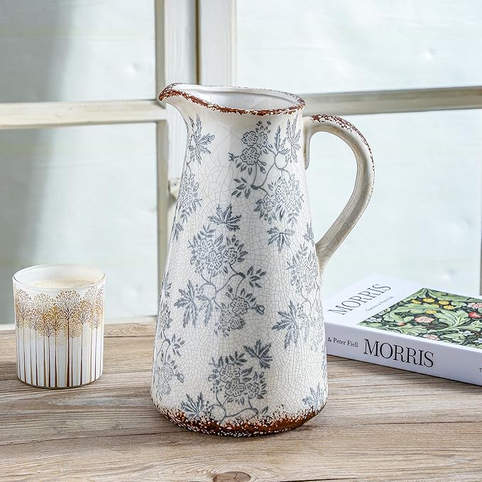 Enra Blue and White vase with Handle,12.2 inch Ceramic Vintage Decorative Flower Pitcher vase, Chinoiserie Floral Vase,Large Rustic Vases for Home Decors, Living Room, Bookshelf, Office-VerdiqueGarden