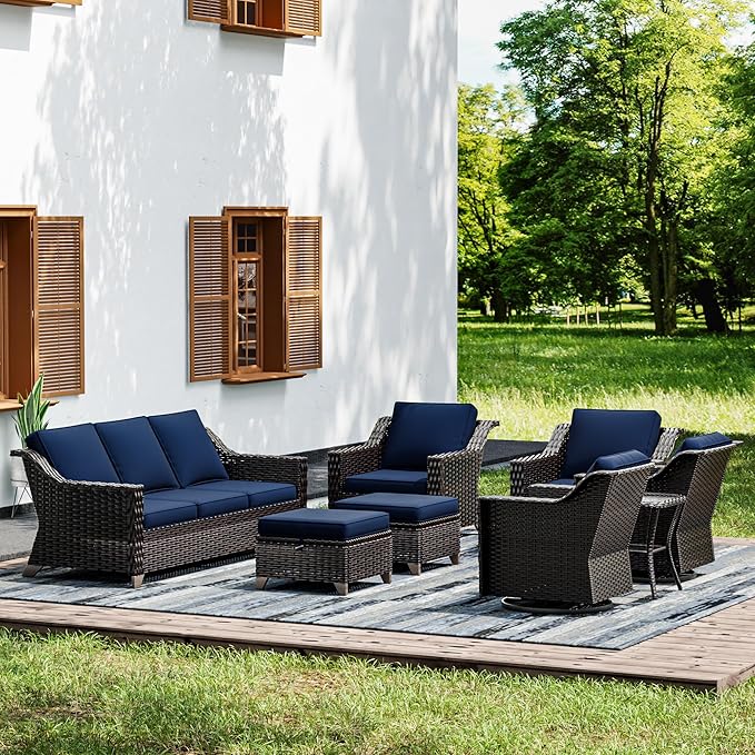 Joyside Wicker Patio Furniture Sets, 8 Pieces Upgraded Large Size Outdoor Furniture with Swivel Rocking Patio Chairs, Patio Dining Chair, 3-Seat Sofa, Outdoor Ottoman, Thick Cushions, Wide Armrest-VerdiqueGarden