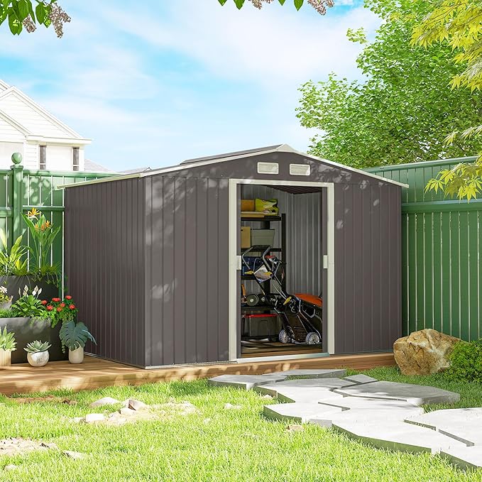 Outsunny 9' x 6' Outdoor Storage Shed, Garden Tool Metal Shed with Foundation Kit, Double Lockable Door, Air Vents and Sloping Roof, for Backyard, Patio, Lawn, Gray-VerdiqueGarden