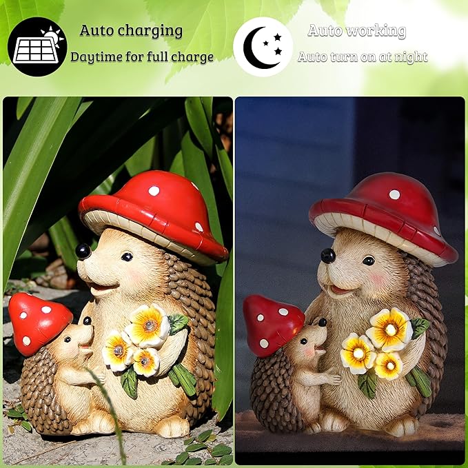 Solar Hedgehog Garden Statue Lights for Outdoor Decor, Resin Hedge hog Figurine Lighting Decorations, Patio Yard Lawn Ornaments Birthday Gifts for Women Mom Grandma-VerdiqueGarden