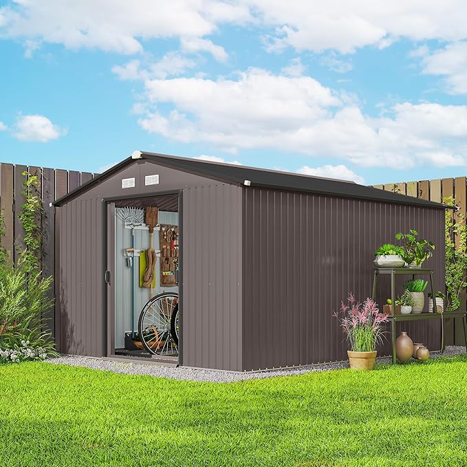 Outsunny 11' x 9' Outdoor Storage Shed, Garden Tool Metal Shed with Foundation Kit, Double Lockable Door, Air Vents and Sloping Roof, for Backyard, Patio, Lawn, Brown-VerdiqueGarden