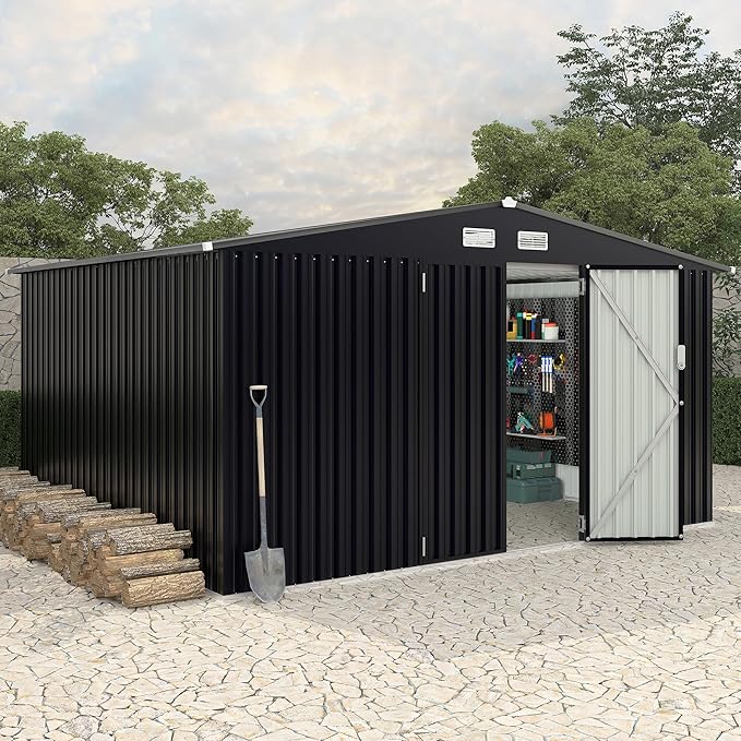 8x10 FT Metal Storage Sheds Outdoor with Floor, Metal Yard Sheds Garden Shed Kit, MetalTool Shed with Lockable Door, Metals UtilitySheds Buildings with Air Vent for Backyard Garden Patio Lawn-VerdiqueGarden
