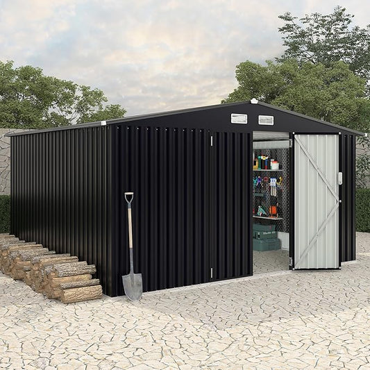 8x10 FT Metal Storage Sheds Outdoor with Floor, Metal Yard Sheds Garden Shed Kit, MetalTool Shed with Lockable Door, Metals UtilitySheds Buildings with Air Vent for Backyard Garden Patio Lawn-VerdiqueGarden