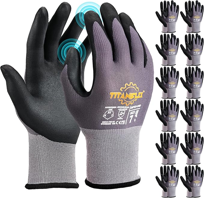 TitanFlex Work Gloves Microfoam Nitrile Coated Men Women, Safety Warehouse Gloves with Grip, Touchscreen, Seamless Knit Nylon-VerdiqueGarden