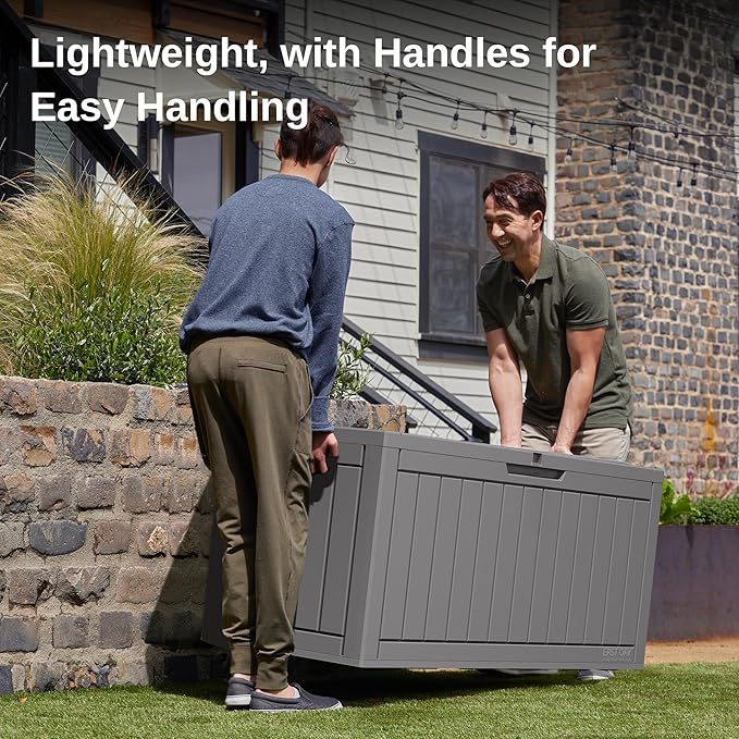 EAST OAK Outdoor Storage Box, 90 Gallon Deck Box, Waterproof Resin Storage Bin for Patio Cushions, Gardening Tools, Lockable, UV Resistant, Grey-VerdiqueGarden
