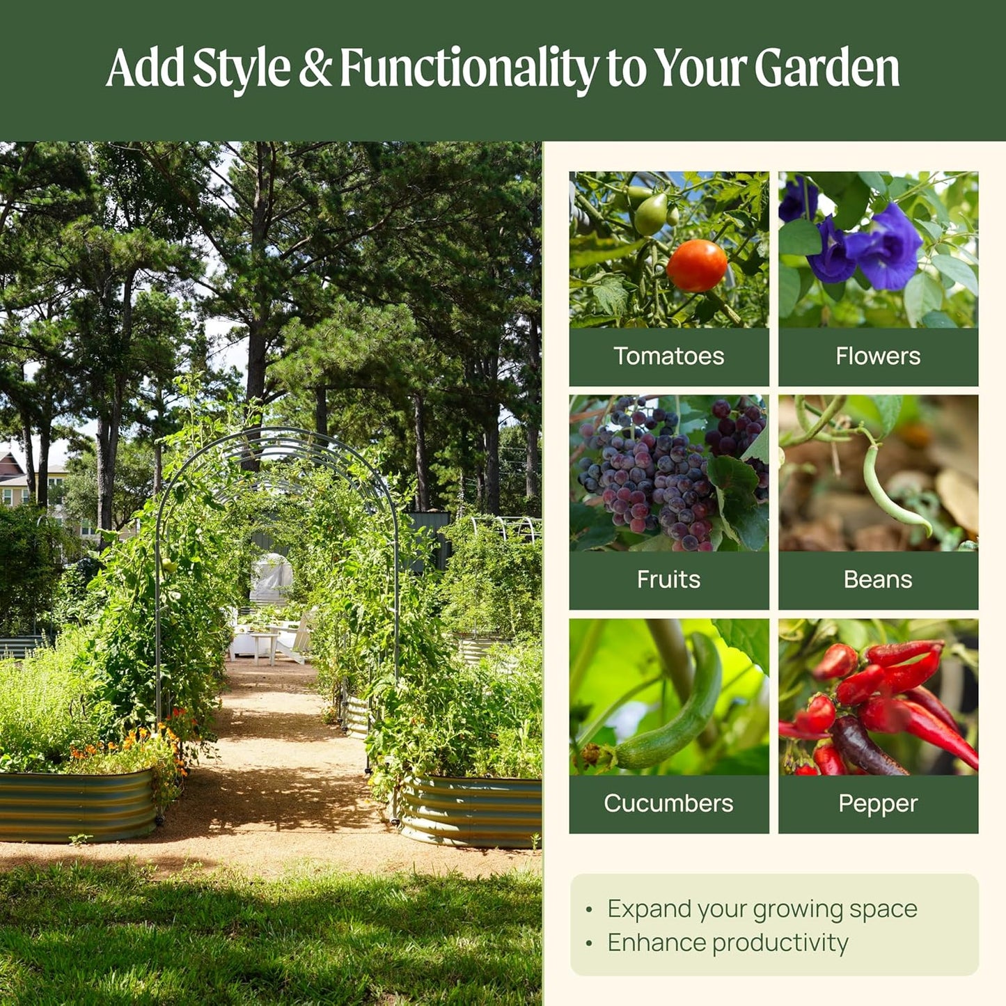 Vego Garden Modular Arched Trellis System Triple Section 6.0' Long Trellis for 2.0' x 8.0' (9 in 1) Garden Bed-VerdiqueGarden