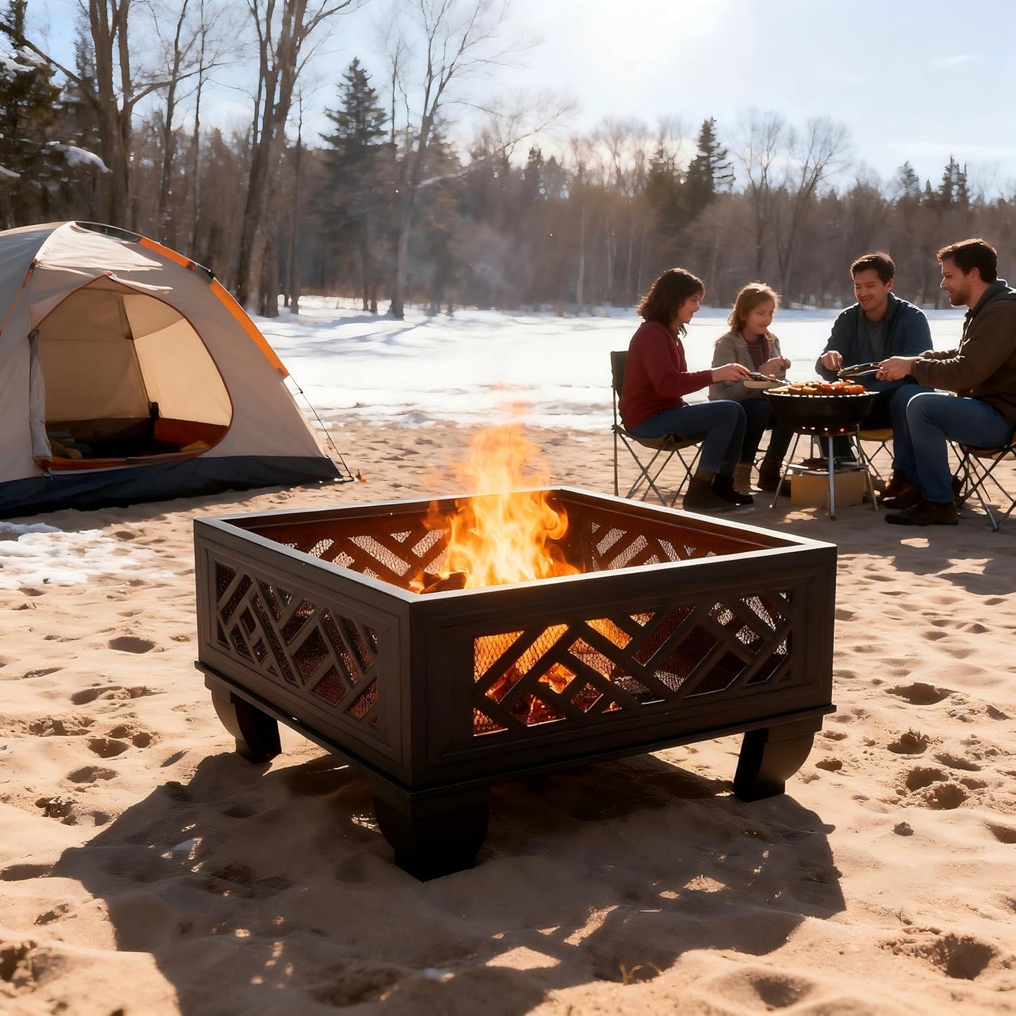 Breezz Update Version 26 Inch Wood Burning Fire Pit with Cooking Grill and Spark Screen, Outdoor Metal Firepit for Patio, Backyard, Bonfire Party, Camping and Garden-VerdiqueGarden