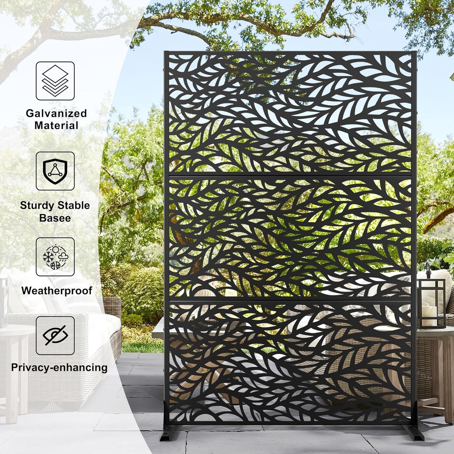 Metal Privacy Screen Outdoor 72" H×47" W,Freestanding Decorative Privacy Screen for Balcony Yard&Garden,Privacy Fence-Black&Leaves-VerdiqueGarden