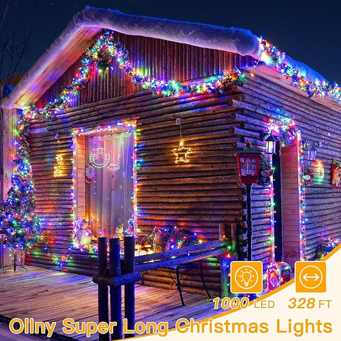 Ollny Christmas Lights Outdoor Waterproof, 1000LED 328FT Super Long String Lights with Remote 3 Timer, Plug in 8 Modes Fairy Light for Outside House Bedroom Xmas Decorations, Multicolor-VerdiqueGarden