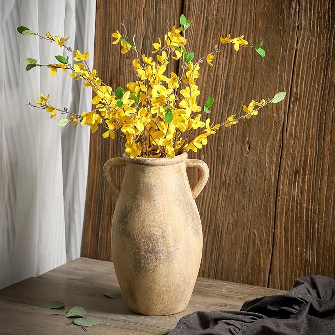 Large Ceramic Vase,11.3 inch Tall Farmhouse Flower Vase with 2 Handles,Terracotta Decorative Flower Vase for Home Decor, Living Room Entryway Table Centerpiece Decor-VerdiqueGarden