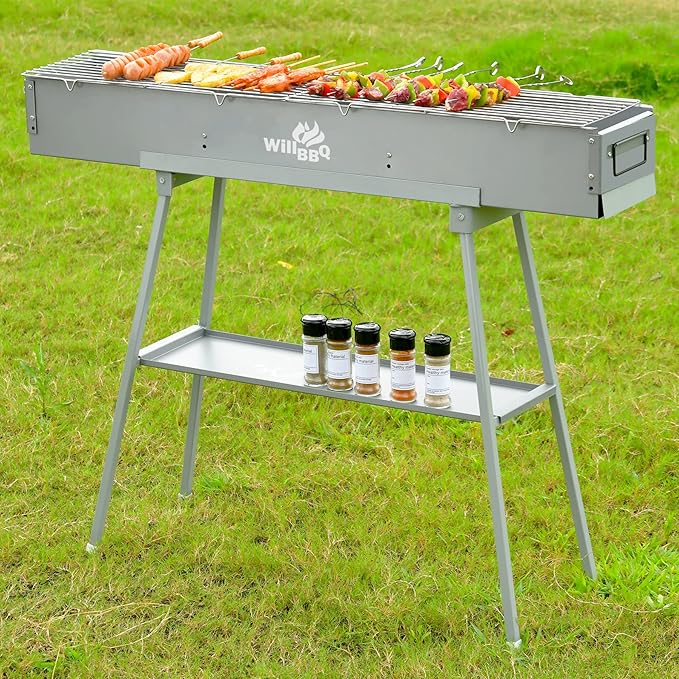 Charcoal Grills Commercial Quality Portable Multiple Size Hibachi BBQ Lamb Skewer Folded Camping Barbecue Grill for Garden Backyard Party Picnic Travel Outdoor Cooking Use(39.4x7.1x5.1 inch)-VerdiqueGarden