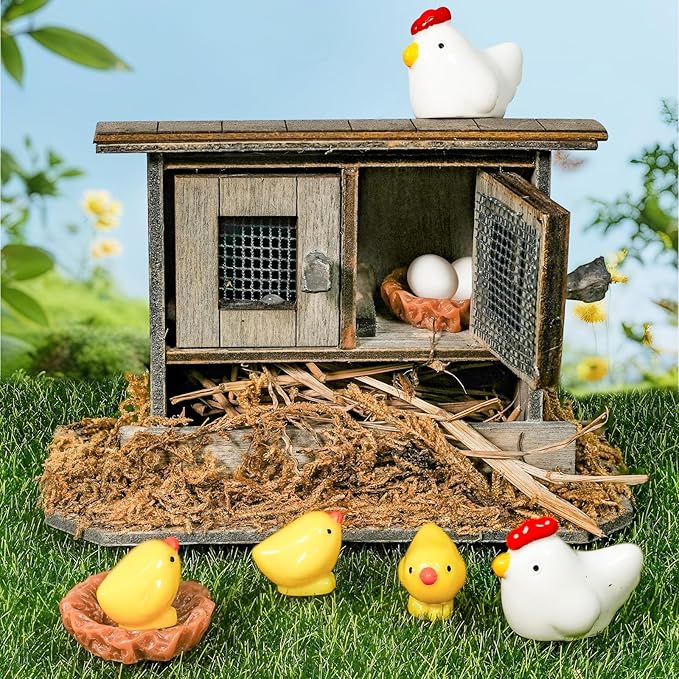 Hiawbon Miniature Retro Wooden Chicken Coop Mini Family Chicken,Hen,Chick,Egg,Chicken Nest Ornament Micro Landscape Fairy Garden Decor-VerdiqueGarden