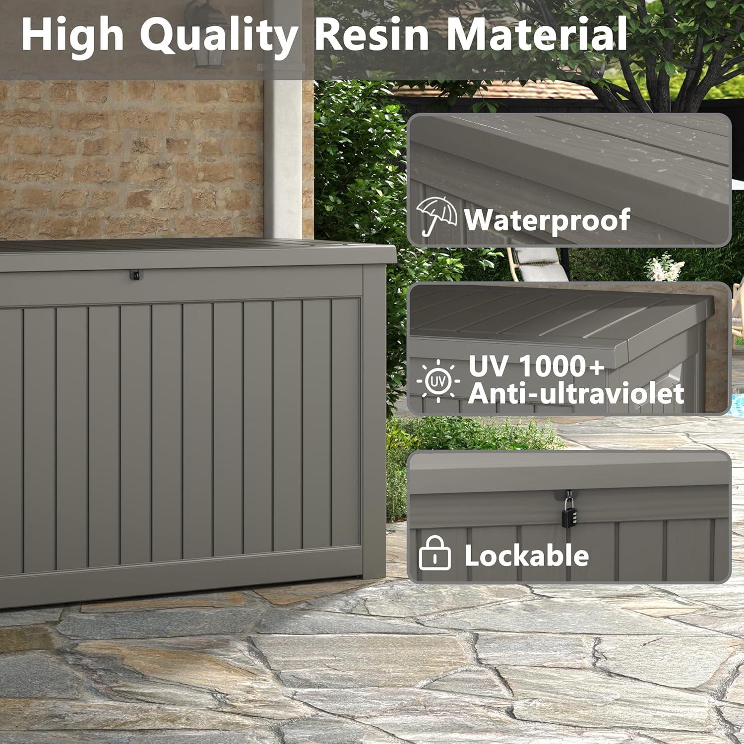 Outdoor Storage Box, 230 Gallon Deck Box, Waterproof and UV Resistant Large Resin Storage Bin, Organization and Storage for Patio Furniture, Outdoor Cushions, Garden Tools, Lockable-VerdiqueGarden