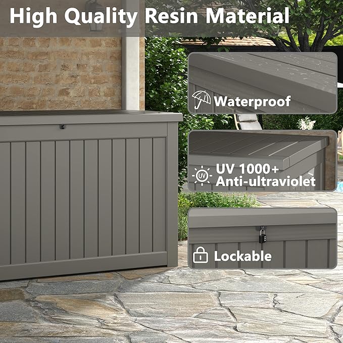 KAMABOKO 230 Gallon Outdoor Storage Box, Resin Deck Boxes Indoor and outdoor, Waterproof Storage Box Lockable Lid for Garden Tools, Package Delivery, Patio Cushions, Grey-VerdiqueGarden