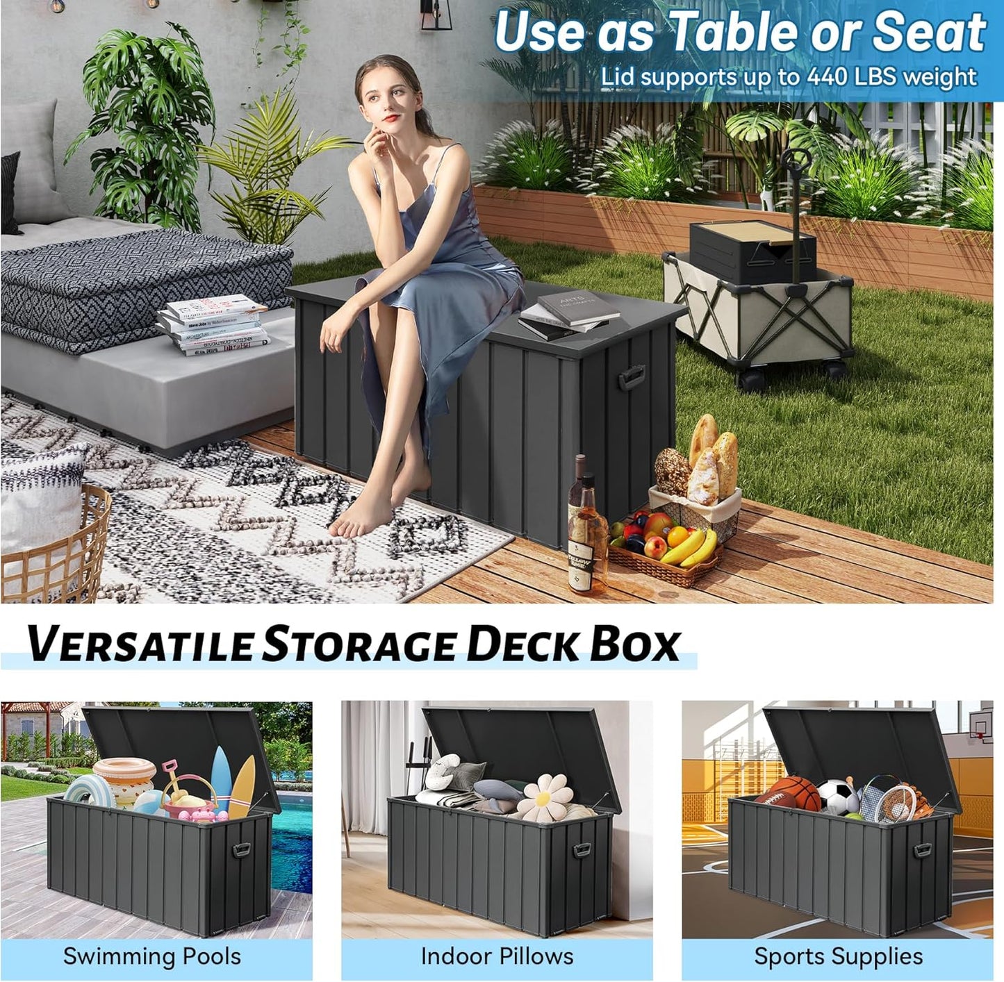 120 Gallon Metal Deck Box,Waterproof Outdoor Storage Box, Large Patio Furniture Storage Chest/Cabinet, Lockable Storage Bench for Porch Package Delivery,Cushions,Tools, Pool, Grey-VerdiqueGarden