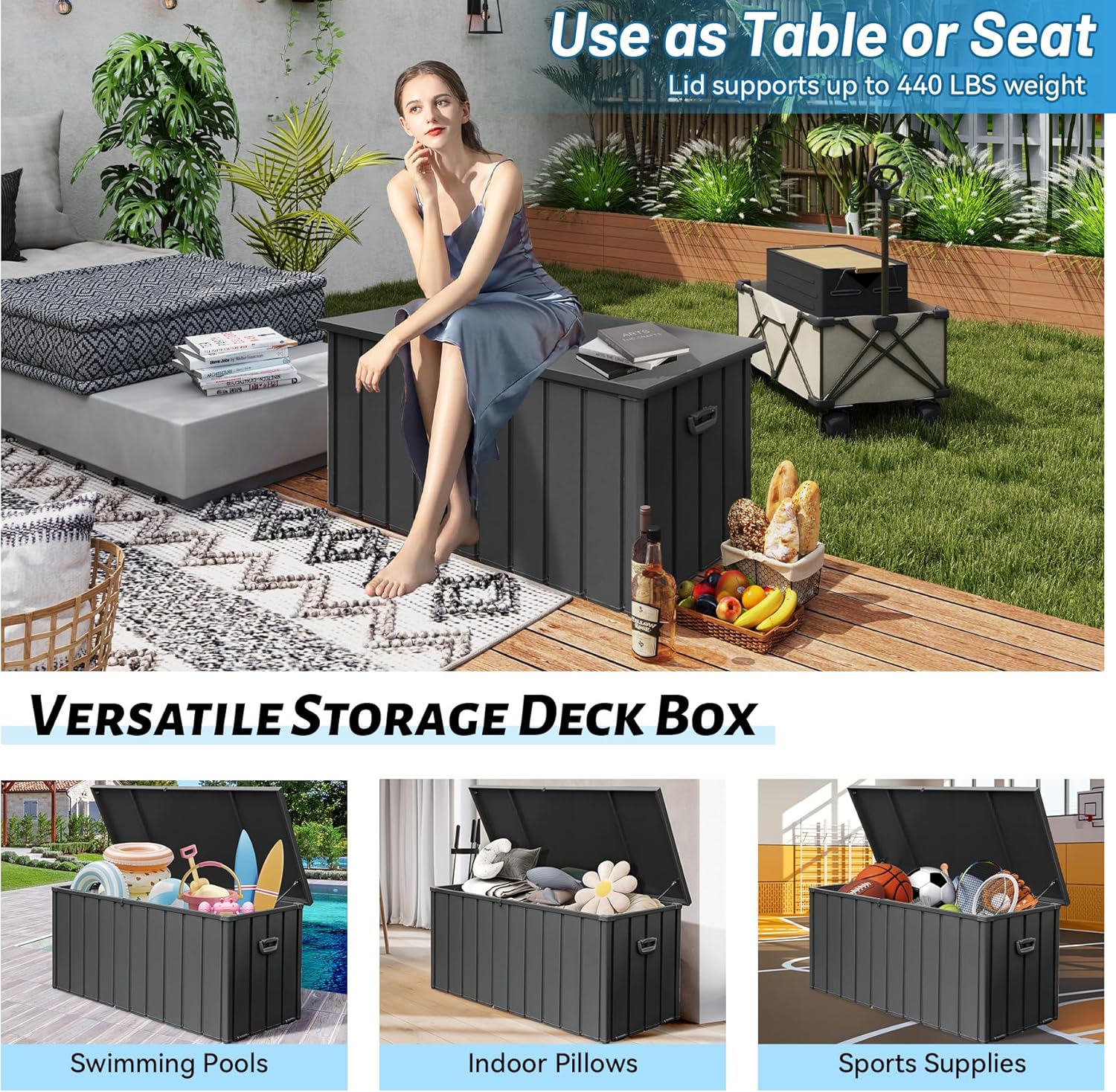 120 Gallon Metal Deck Box,Waterproof Outdoor Storage Box, Large Patio Furniture Storage Chest/Cabinet, Lockable Storage Bench for Porch Package Delivery,Cushions,Tools, Pool, Grey-VerdiqueGarden