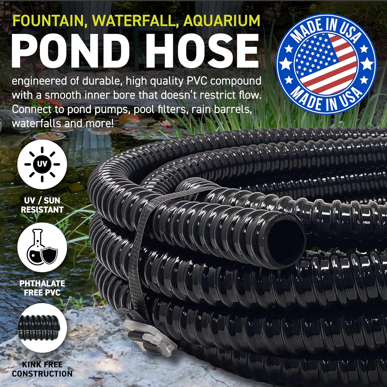 Sealproof 1" Dia. Corrugated Pond Tubing 1-Inch ID, 20 FT Length, Black PVC Kinkproof Strong Flex Tubing Made in USA-VerdiqueGarden