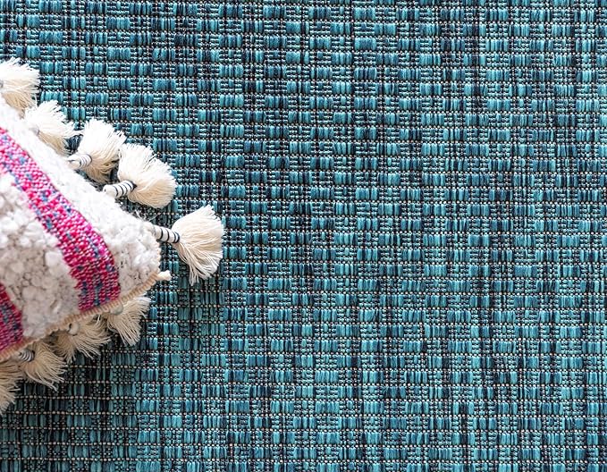 Unique Loom Outdoor Border Collection Area Rug - Soft Border (4' 1" x 6' 1" Rectangle, Teal/ Ivory)-VerdiqueGarden
