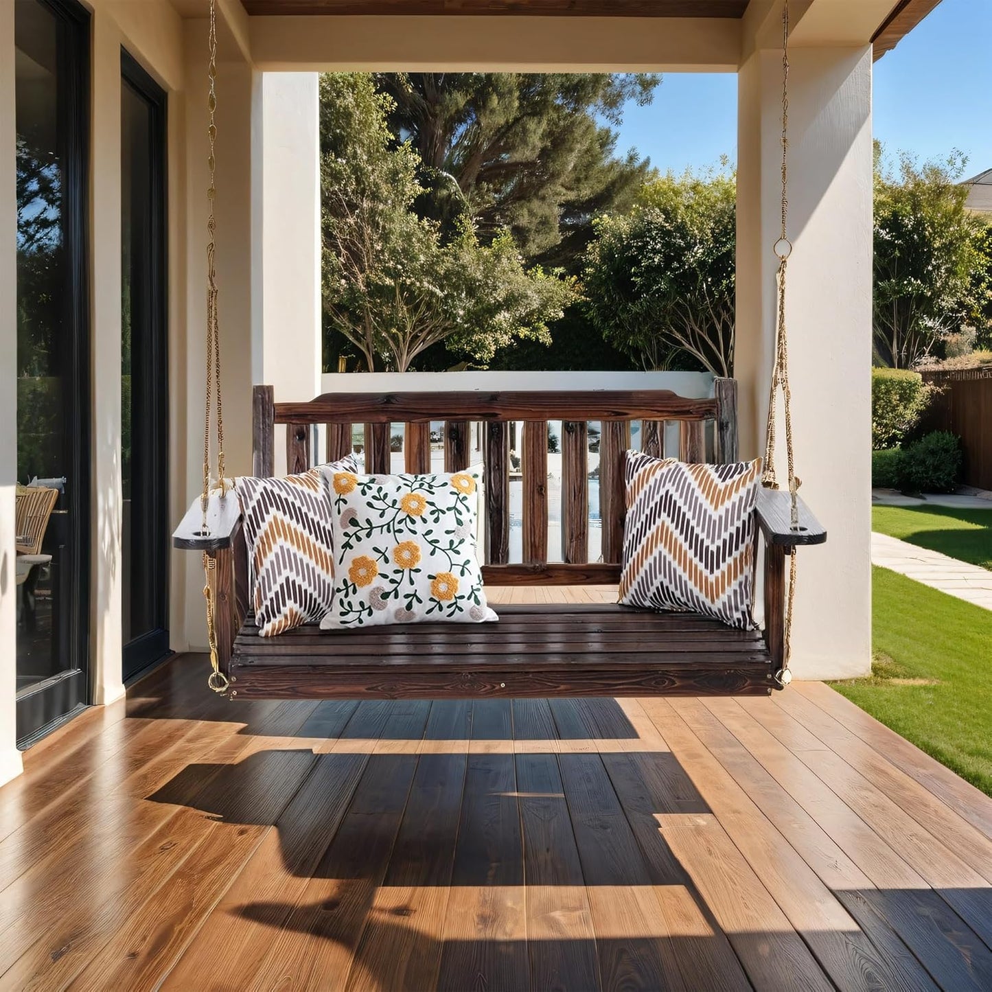 Anraja Wooden Porch Swing 2-Seater, Bench Swing with Hanging Chains, Heavy Duty 800 LBS, for Outdoor Patio Garden Yard, 4 Ft, Brown-VerdiqueGarden