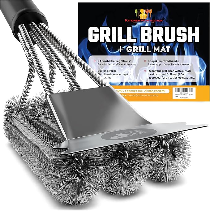KITCHEN PERFECTION Safe Wire Grill Brush for Outdoor Grill w/Grill Scraper & Grill Mat Grill Cleaning Kit -Extended Handle BBQ Brush for Effortless Grill Cleaning Grill Cleaner Brush Barbecue Tools-VerdiqueGarden