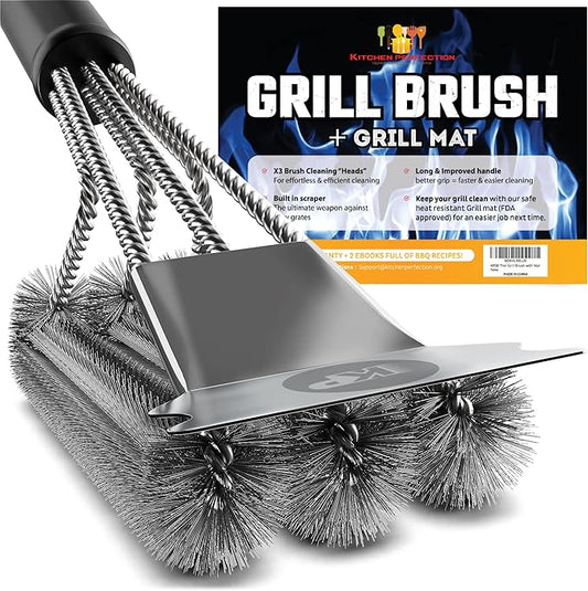 KITCHEN PERFECTION Safe Wire Grill Brush for Outdoor Grill w/Grill Scraper & Grill Mat Grill Cleaning Kit -Extended Handle BBQ Brush for Effortless Grill Cleaning Grill Cleaner Brush Barbecue Tools-VerdiqueGarden