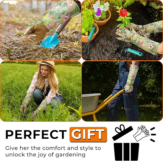 HANDLANDY Leather Gardening Gloves for Women, Thorn Proof Breathable Ladies Rose Pruning Garden Gauntlet Yard Gloves, Gift for Gardeners (Khaki, S)-VerdiqueGarden