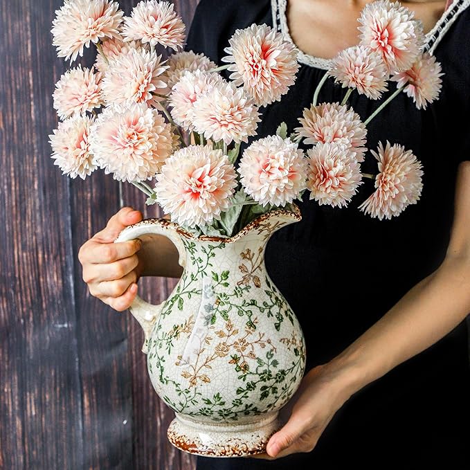 Enra Large Vintage Green Ceramic Vase and Pitcher for Home Decor, 9.7 Inch Rustic Chinoiserie Decorative Vases, Green and Beige Ceramic Vases for Living Room, Kitchen, Office – Large Vases for Decor-VerdiqueGarden