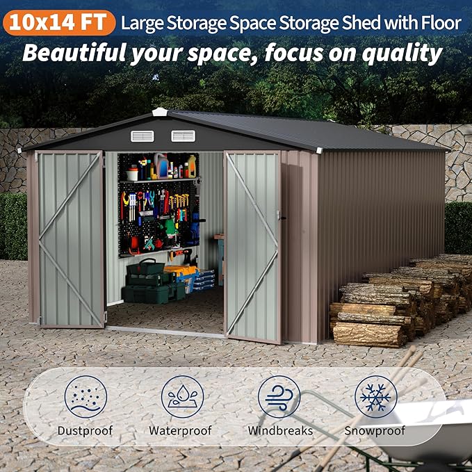 10x14 FT Metal Storage Sheds Outdoor, Metal Yard Sheds Garden Shed Kit, Metals Tool Shed with Lockable Door, Metals UtilityShed Buildings with Air Vent for Backyard Garden Patio Lawn-VerdiqueGarden