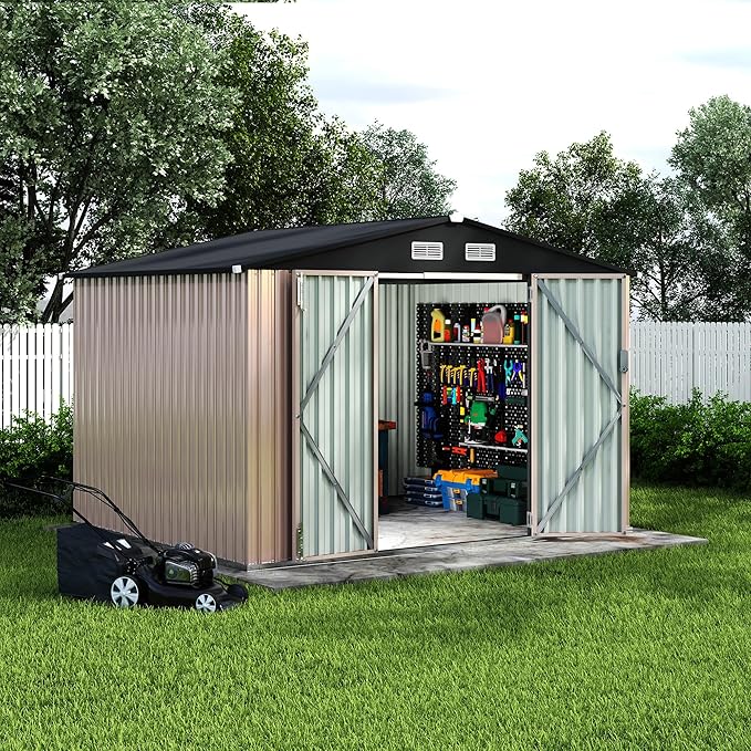 8x10 FT Metal Storage Sheds Outdoor, Metal Yard Sheds Garden Shed Kit, Tool Shed with Lockable Door, Utility Sheds Buildings with Air Vent for Backyard Garden Patio Lawn-VerdiqueGarden