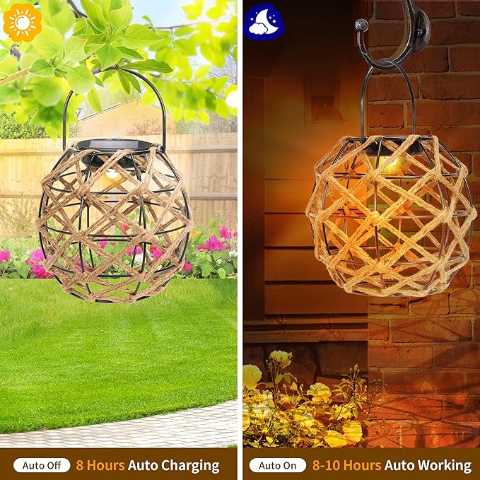 HPC Decor 2 PK Solar Lanterns-Outdoor Waterproof, Hemp Rope, Hanging Outdoor, Round Lamp Boho Decor for Garden, Yard, Patio, Porch, Pathway.-VerdiqueGarden