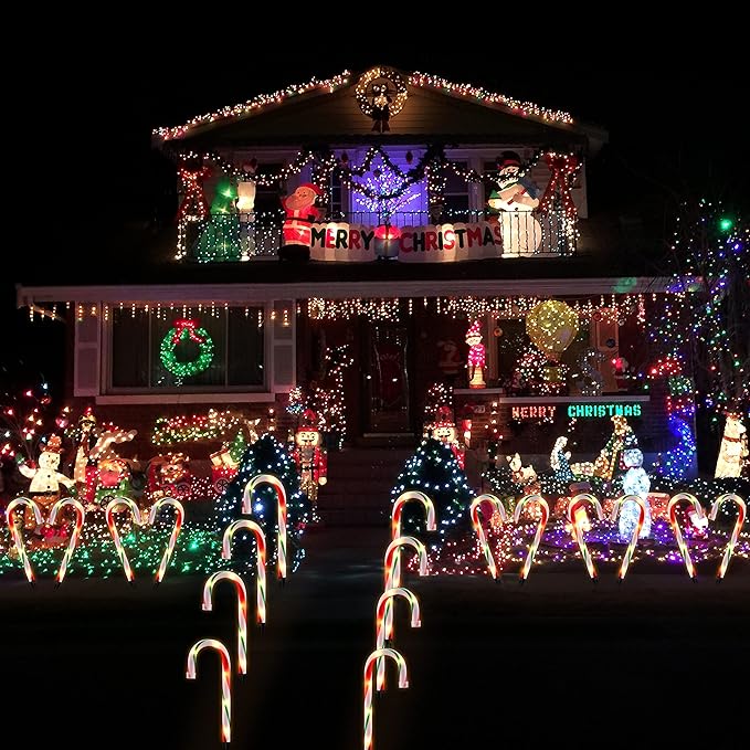 10" Christmas Candy Cane Lights - Set of 10 Pathway Markers Christmas Outdoor Yard Decorations, Xmas Candy Canes Stake Lights for Lawn Walkway Garden, Xmas Party Indoor Ornaments-VerdiqueGarden