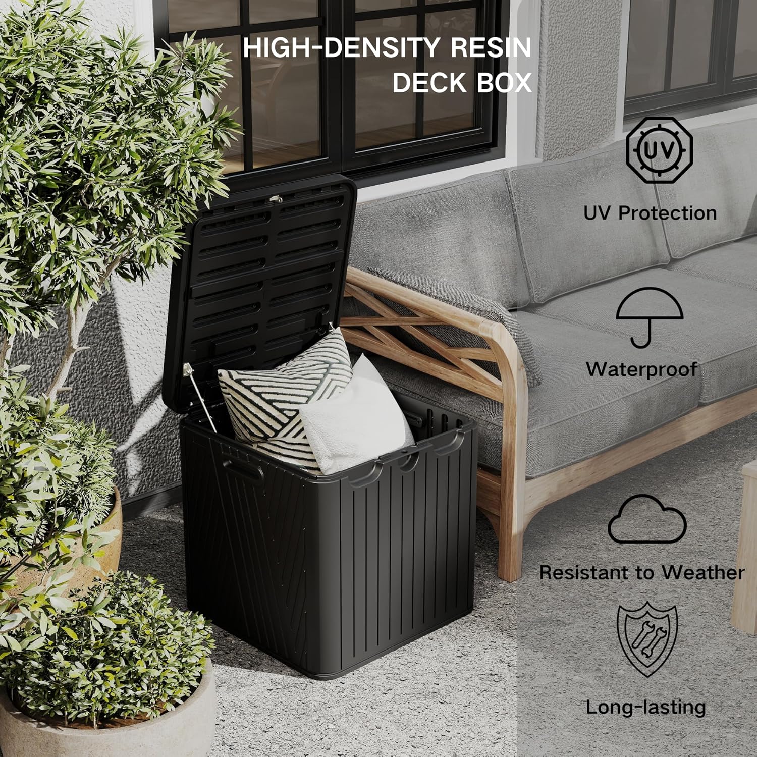 Kingdura 60 Gallon Outdoor Storage Box, Waterproof Resin Deck Box for Indoor and Outdoor Use, Lockable Storage Container for Patio Furniture Cushions Garden Tools (Black, 60 Gallon)-VerdiqueGarden