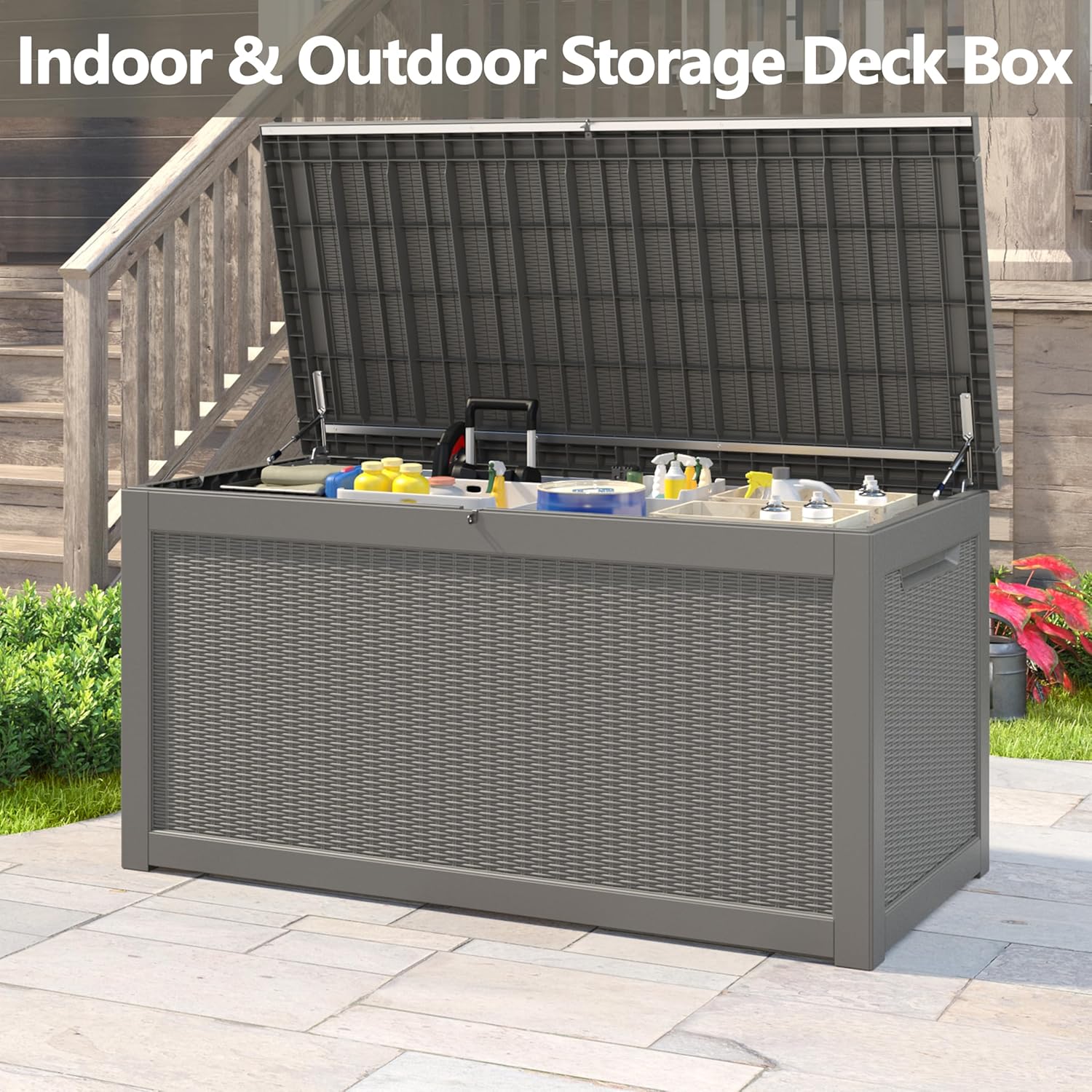 260 Gallon Resin Deck Box, Large Indoor and Outdoor Storage Box, Weatherproof and UV Resistant Outdoor Storage Box with Built-in Steel Beams for Patio Cushions, Pool Supplies-VerdiqueGarden