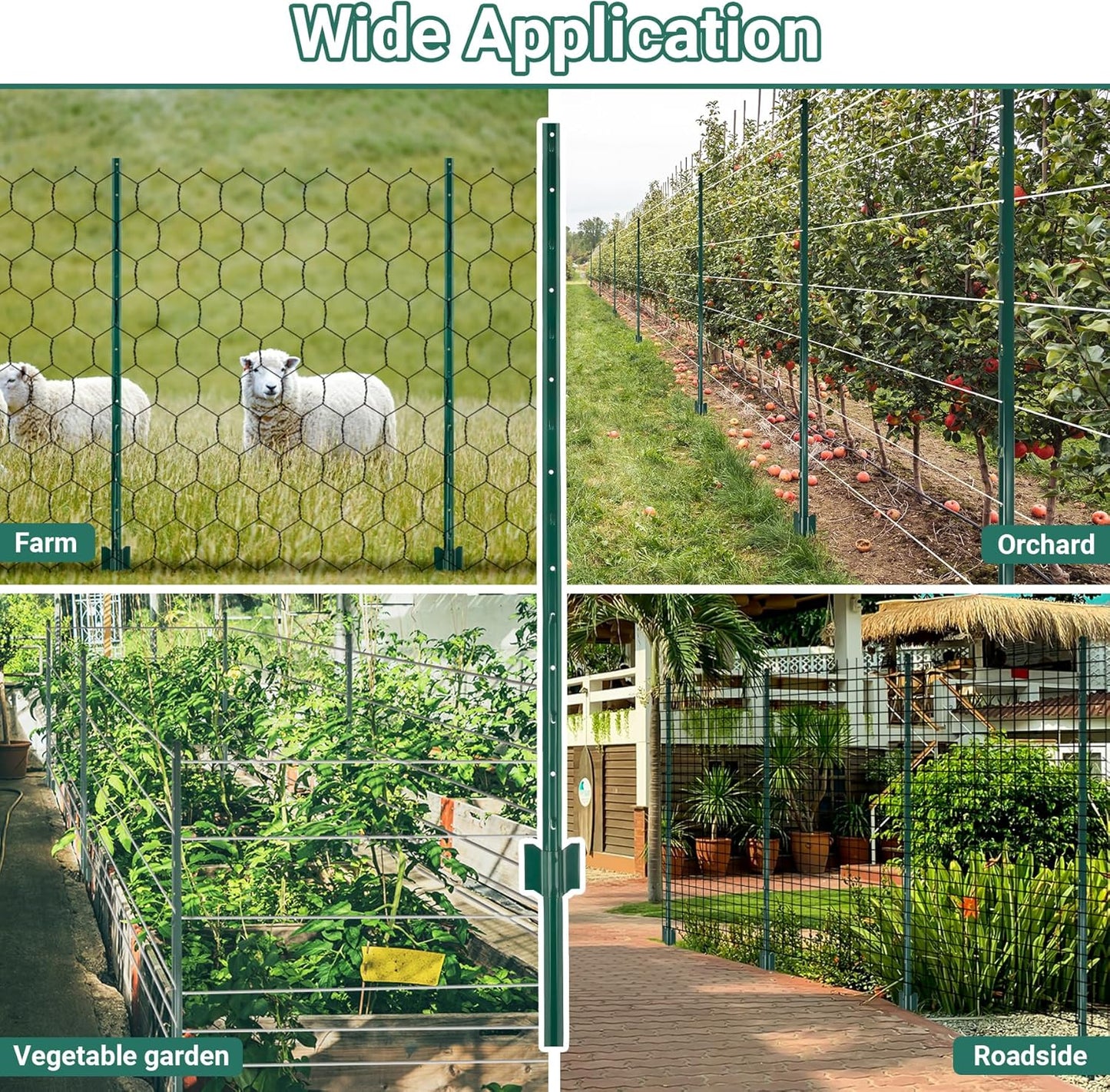 Fence Post 4.8 FT - 10 Packs, Metal Heavy Duty U Posts, Powder-Coated for Long-Lasting Use, Perfect for Holding Wire &Plastic Mesh, Corner Anchors, Green-VerdiqueGarden