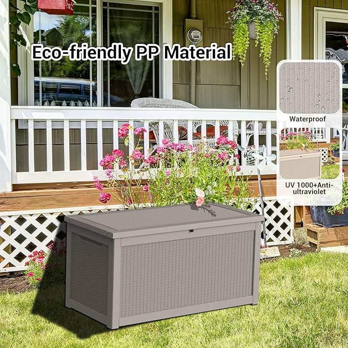 DRATO 260 Gallon Deck Box, Outdoor Large Waterproof Resin Storage Box with Lockable Lid for Patio Cushions, Gardening Tools, Sports Equipment, Light Brown-VerdiqueGarden