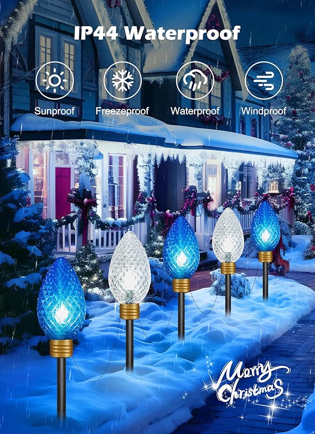 11Feet 5 LED Super Jumbo Christmas String Lights or Pathway Marker Lights, Outdoor Xmas Decorations- Jumbo C9 Hanging Lights Waterproof Lawn Dec for Holiday Home Tree Roof Yard Garden, Blue ＆ White-VerdiqueGarden